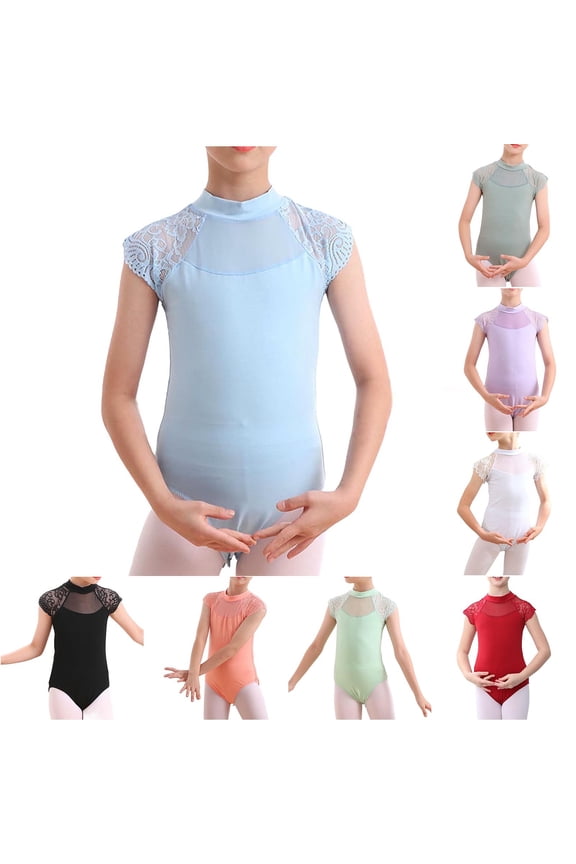 Girls Solid Color Ballet Dance Leotard with Lace Mesh Short Sleeve Crewneck Practice Wear for 2-15 Years Old