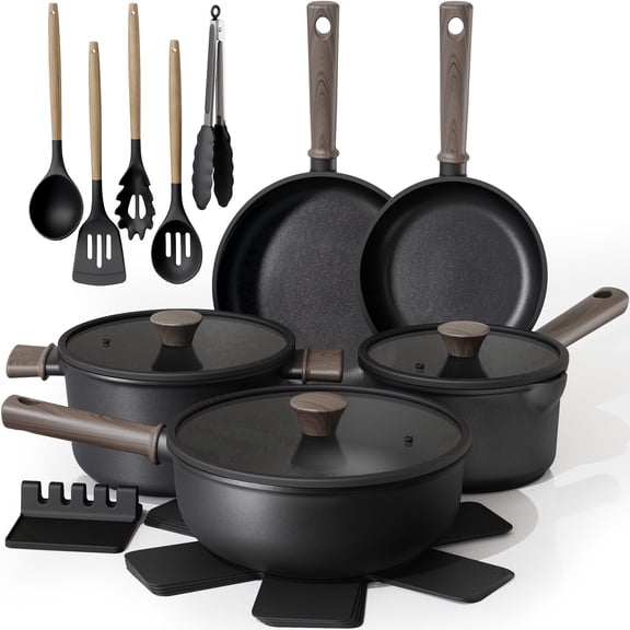Astercook 18-Piece Pots and Pans Set, Black Titanium Induction Nonstick Cookware Set, Oven Safe to 480°F, Induction Compatible & Dishwasher Safe, Kitchen Cooking Set for RV Trips, Camping and Picnic