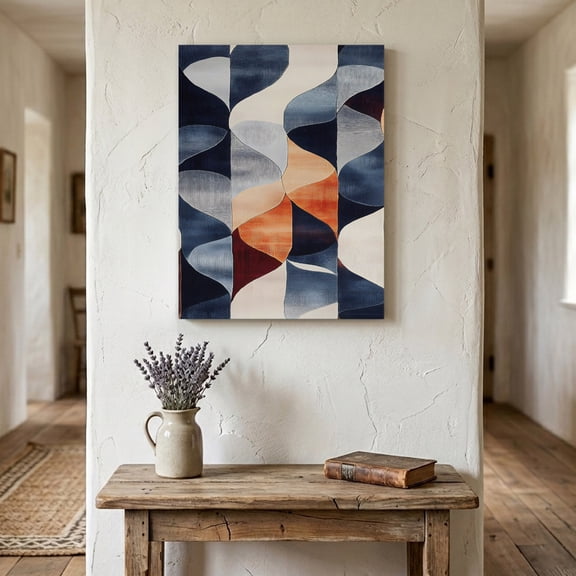 Ships Next Day Canvas Wall Art 16"x20", Navy Blue Burnt Orange Wood Framed Canvas Print Painting, Geometric Retro Abstract Ready to Hang Picture Wall Decor for Home Bedroom Living Room Dining