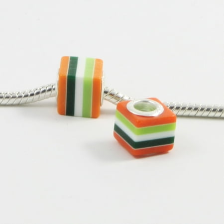 Cube 3 Light - 3 Beads - Resin Cube Stripe Orange Green White Silver European Bead Charm E0245