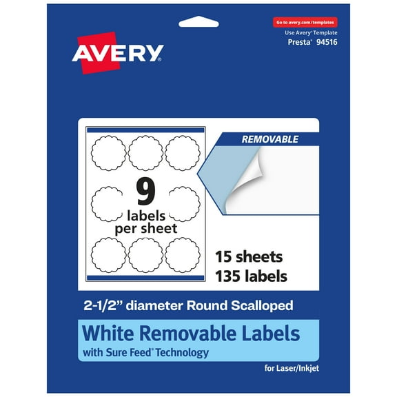 Avery Removable Round Scalloped Labels, 2.5" Diameter, 135ct