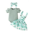 thumbnail image 2 of Musuos Baby Girls Summer Outfit 3 6 9 12 18M Short Sleeves Ribbed Rompers and Floral Suspender Skirt Headband 3 Piece Clothes Set, 2 of 10