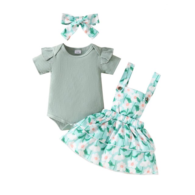 SUNSIOM Baby Girls Summer Outfit Short Sleeves Ribbed Rompers and Floral Suspender Skirt Headband 3 Piece Clothes Set