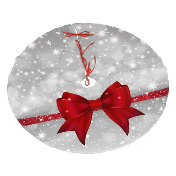Christmas Tree Skirt 30" Shiny silver starry Christmas with red bow tie (4) Xmas Tree Skirts Mat for New Year Holiday Christmas Party Decorations