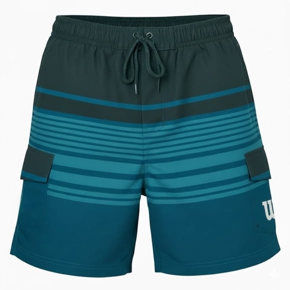 Traje de Baño Deportivo Wilson para Hombre Tipo Cargo Bolsas Laterales Jareta Ajustable Color Verde Rayas Talla CH