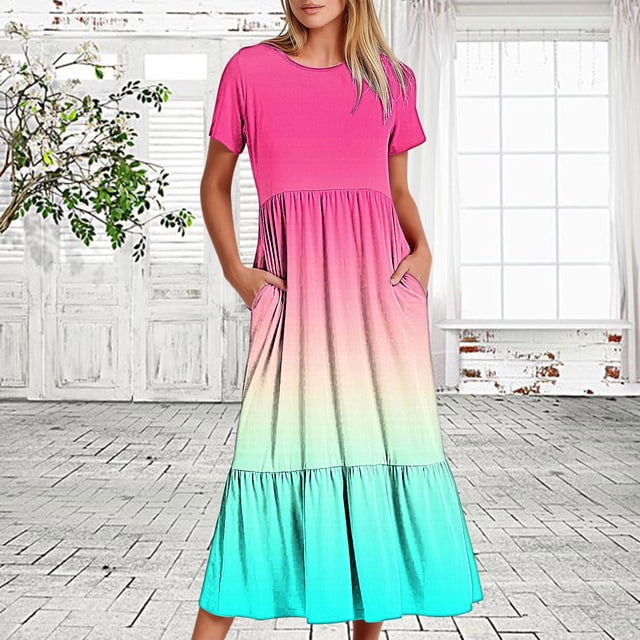 Fankiway Robe d'Été Décontractée à Manches Courtes pour Femmes, Col Rond, Robe de Plage Maxi à Volants avec Poches, Imprimé Dégradé, Robes d'Été pour Femmes, Grandes Tailles, Liquidation