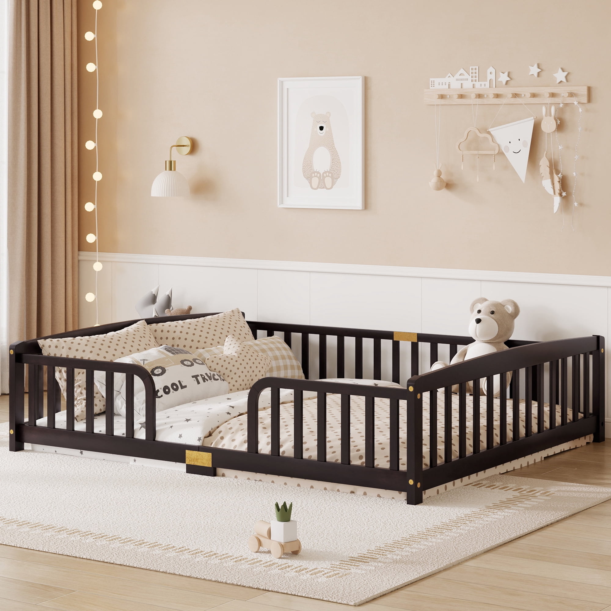 Leumius Queen Size Floor Fence Bed with Central Entrance,Pine Wood Floor bed with Guardrails,Espresso