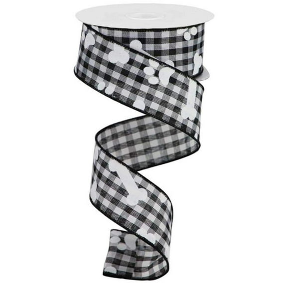 1.5" Paw Print Bone Check Ribbon: Black/White (10 Yards)