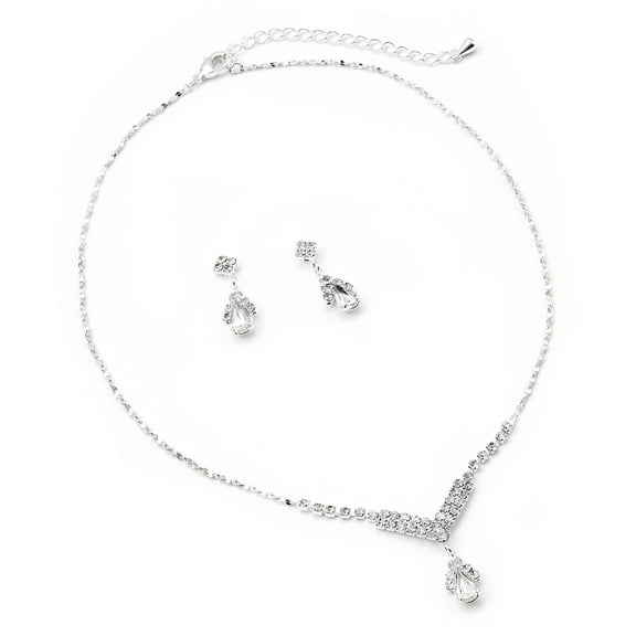 Silver Crystal Rhinestone Bridal Wedding Party Teardrop Shaped Dangle Earrings & V Shape Decorated Teardrop Center Piece Necklace Jewelry Set