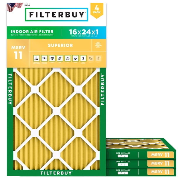 Filterbuy Filtro de aire 16x24x1 MERV 11 Allergen Defense (paquete de 4) Reemplazo de filtros de aire plisados para horno HVAC AC (Tamaño real: 15.38 x 23.38 x 0.75 pulgadas)