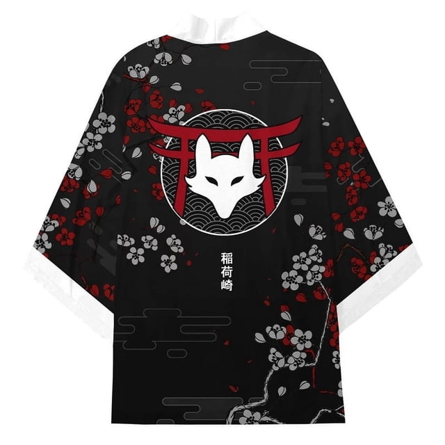 Kimono con estampado de zorro Inari para mujer y hombre, kimono japonés ligero, ropa de calle, manga 3/4, capa abierta al frente, disfraz de anime para cosplay