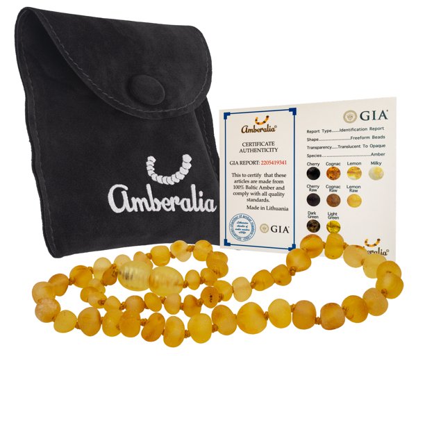 Amberalia, Collar de Ámbar Báltico de 28 cm, modelo para niños, con Broche de rosca y nudos entre cada una de las cuentas. Ámbar Importado de Lituania Color Limón Raw. Amberalia Collar 28 cm broche