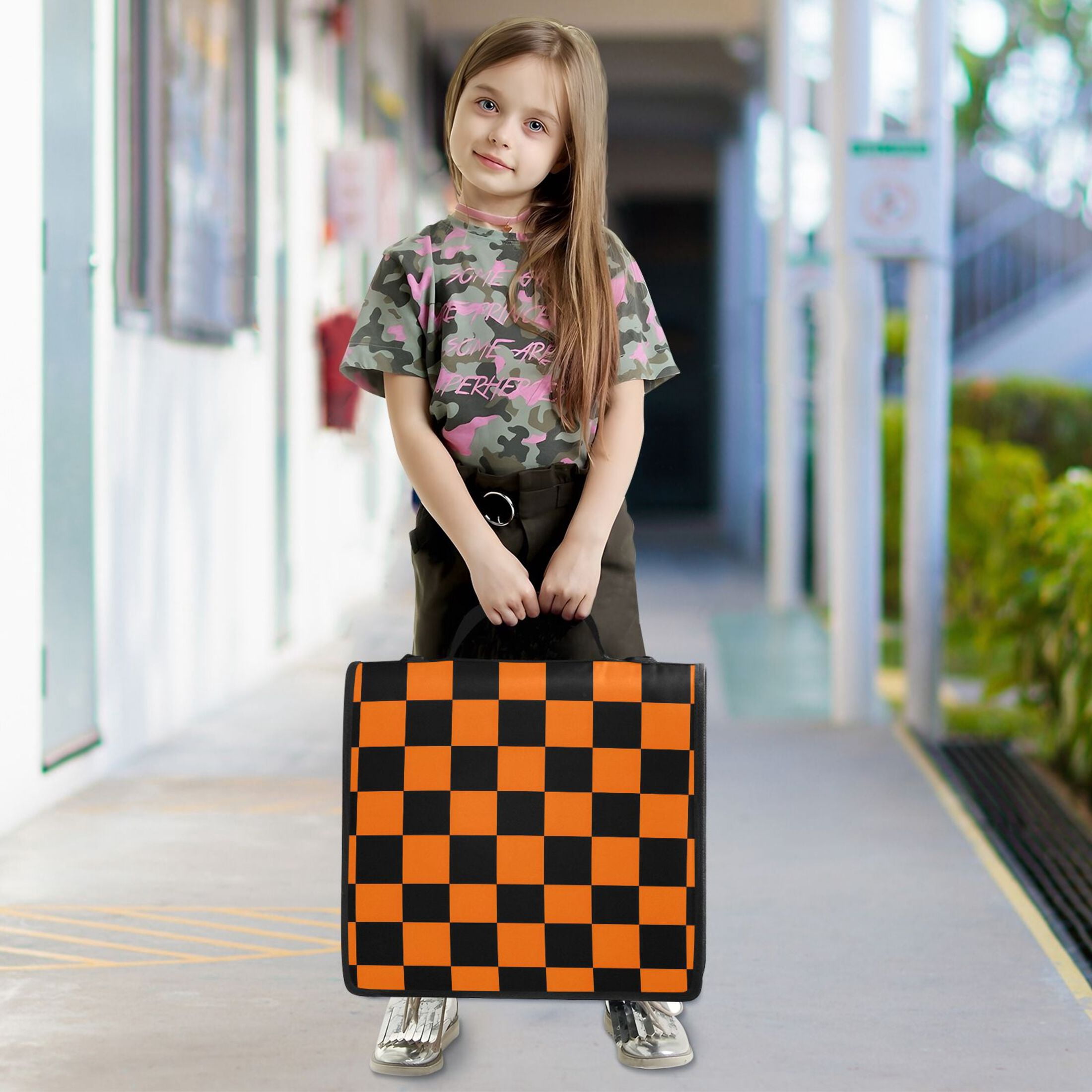 ALAZA Zipper Binder Orange Checkered Grid Pattern 3 Ring Trapper Keeper File Folder Organizer Bag