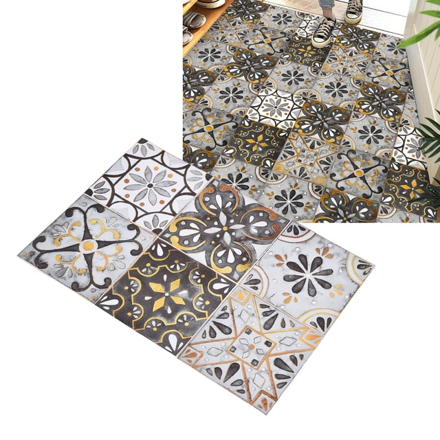 Tile Stickers, Retro Style Self Adhesive Waterproof Floor Tile Stickers Bright Color PVC for Balcony Light Gray with Gilt Edging,Dark Green with Gilt Edging