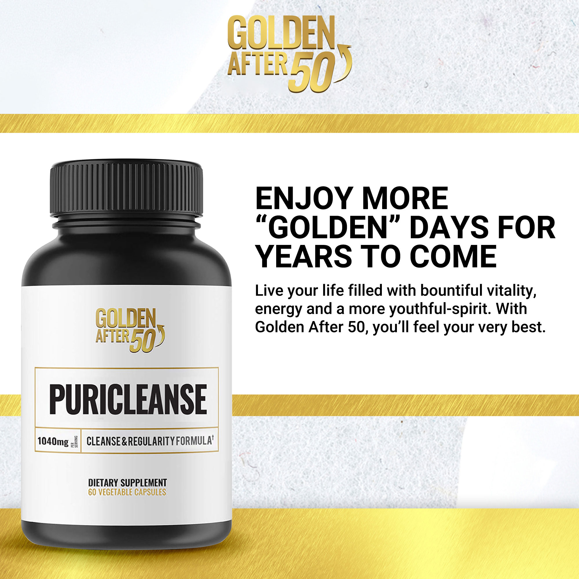 Golden After 50 PuriCleanse - Detox and Colon Cleanse Support - 60 Capsules, 1040mg - Gut Cleanse and Fiber Supplement with Senna Leaf Extract, Psyllium Husk Powder and Probiotics for Men and Women