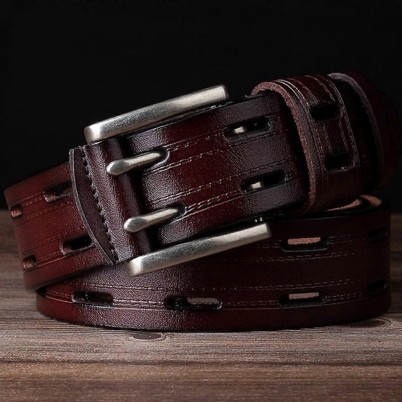 Men's leather double buckle classic ripped jeans belt