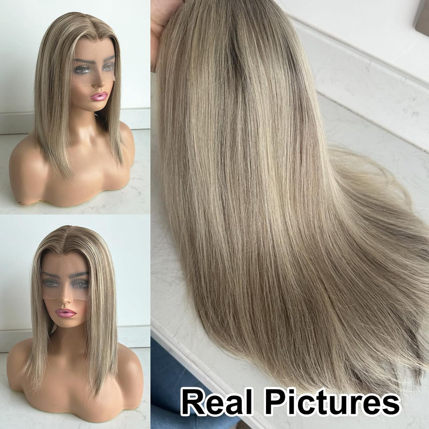 Ombre Highlight Ash Blonde Lace Front Wigs Human Hair Pre Plucked Balayage Blonde Straight Bob HD Transparent 13x4 Ash Brown with Platinum Lace Front Human Hair Wigs For Women 14 Inch