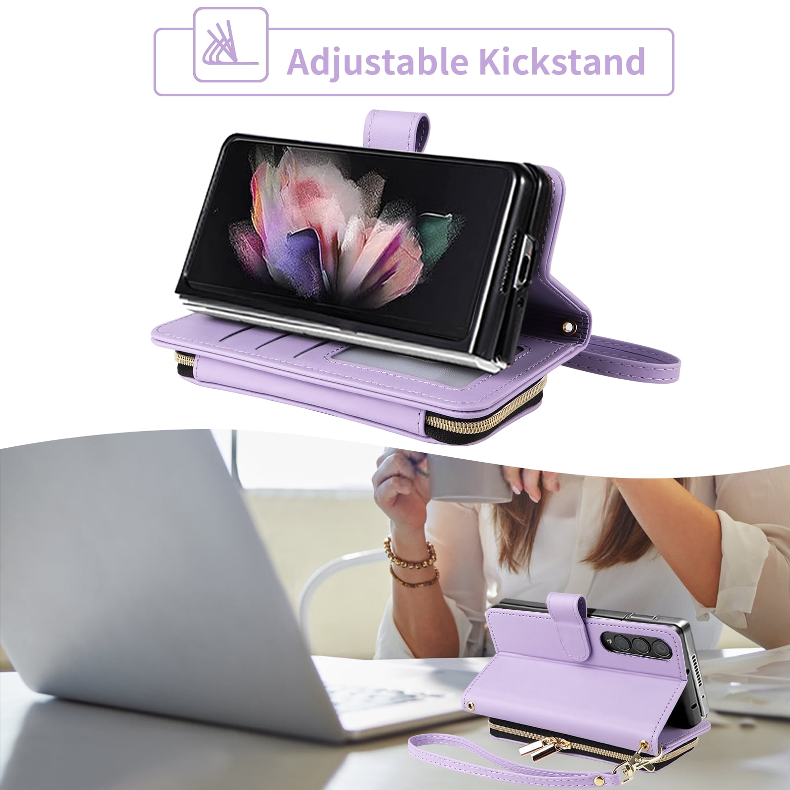 Furiet Wallet Case for Samsung Galaxy Z Fold 4 5G 2022 with Wrist/Shoulder Strap Card Slots Zipper Flip Purse, Luxury PU Leather Stand Phone Cover for ZFold4 Z4 Fold4 4Z ZFold45G Women Girls Purple