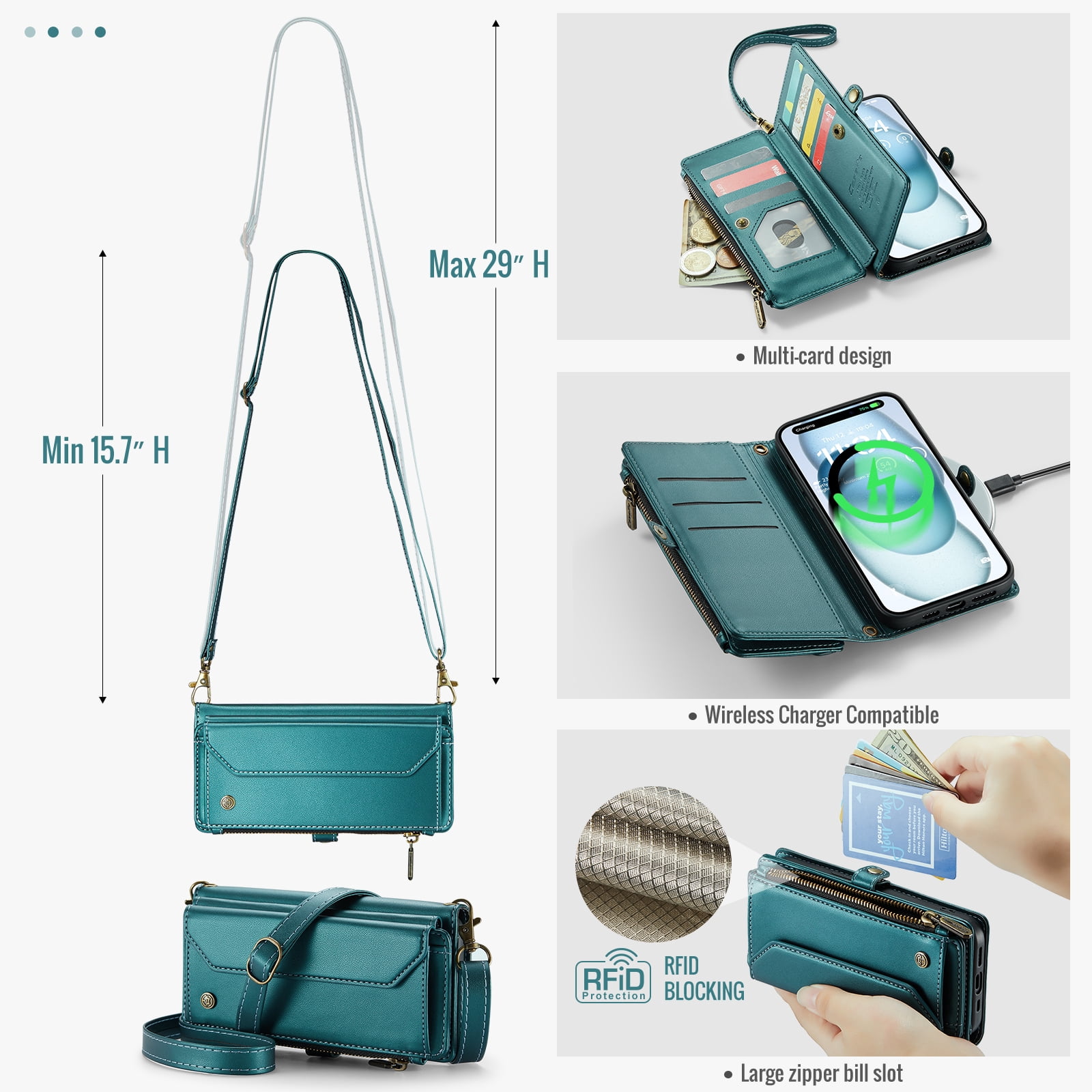 Crossbody for iPhone 13 Case Wallet【RFID Blocking】with 10-Card Holder Zipper Bills Slot, Soft PU Leather Magnetic Shoulder Wrist Strap for iPhone 13 Wallet Case Women, Green