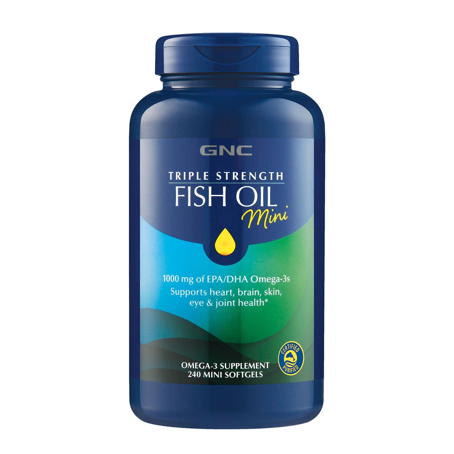 GNC Triple Strength Fish Oil Mini Omega 3 With 1000mg EPA & DHA, Supports Heart, Brain, Skin and Joint Health, 240 Mini Softgels