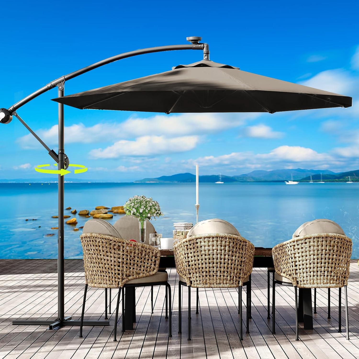 10FT Offset Patio Umbrella with Base, 360°Rotation Cantilever Umbrella, Outdoor Patio Umbrella with Infinite Tilt for Deck Poolside Lawn and Backyard