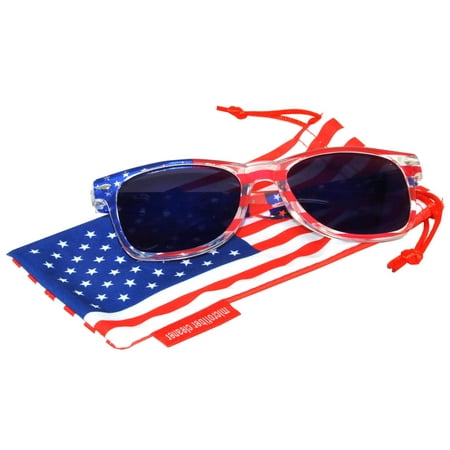 Classic American Patriot Sunglasses USA Clear American Flag Frame Blue Mirror Lens OWL with American Flag Pouch