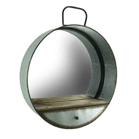 Zeckos Galvanized Zinc Finish Metal Round Tub Wall Mirror with Drawer