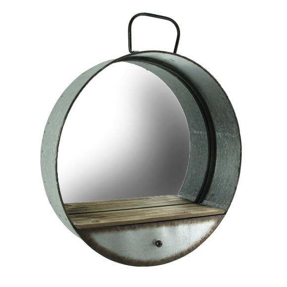 Rustic Galvanized Metal Tub Frame Wall Mirror with Drawer - Industrial Western Decor - Farmhouse Style - Round 20.5 Inch Diameter - Stylish Home Accent