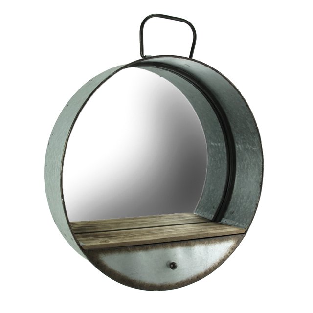 Rustic Galvanized Metal Tub Frame Wall Mirror with Drawer - Industrial Western Decor - Farmhouse Style - Round 20.5 Inch Diameter - Stylish Home Accent