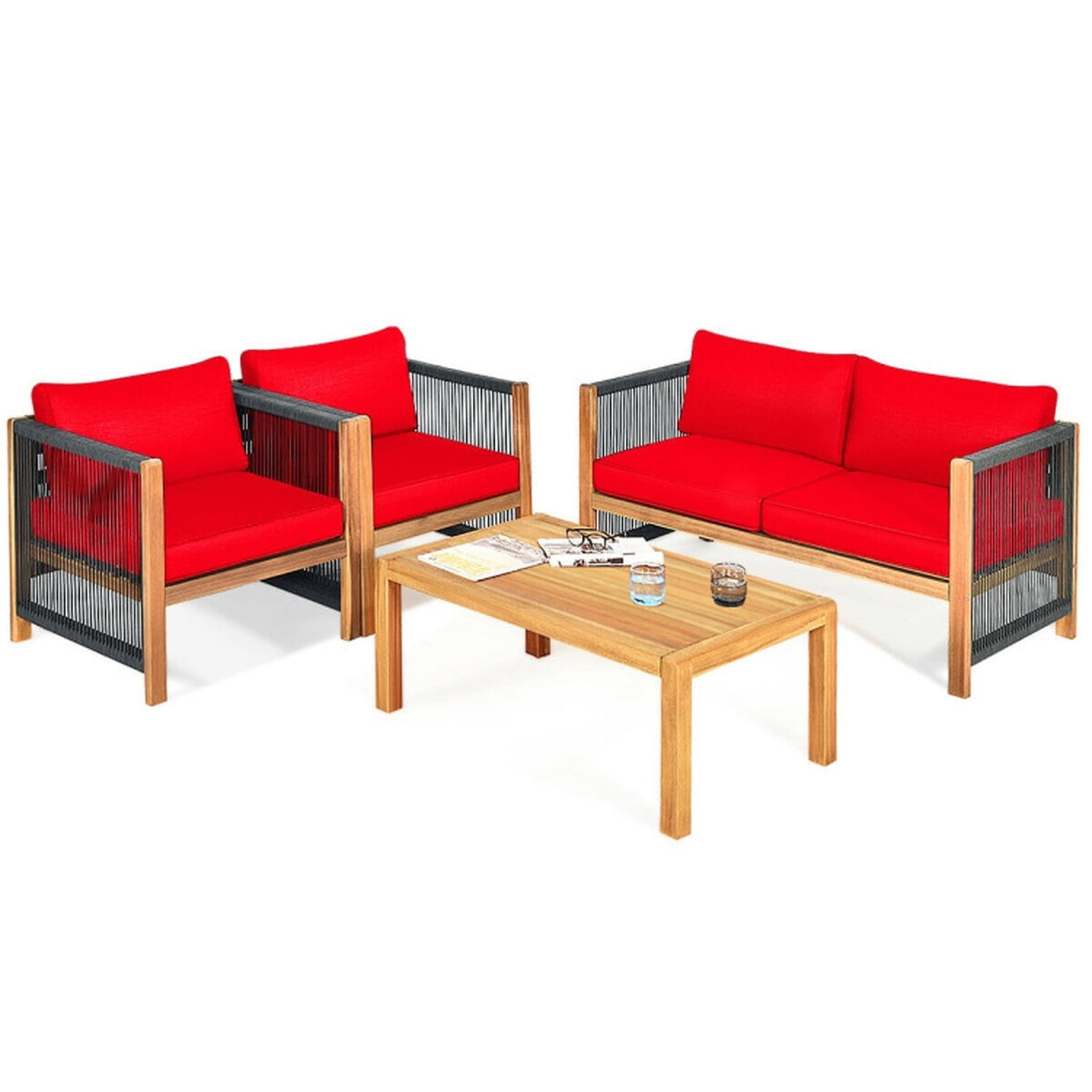 Furnibear 4 Piece Outdoor Patio Furniture Set Acacia Wood Conversation Set with Cushioned Loveseat Chairs and Coffee Table for Backyard, Red