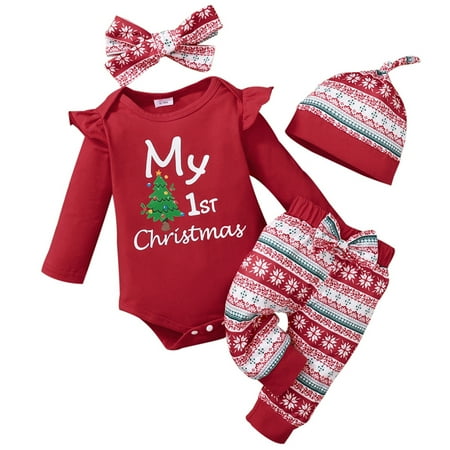 

Newborn Baby Girls Christmas Outfits Romper Playsuit Tops + Long Pants + Hat + Headband 4Pcs Clothes Set