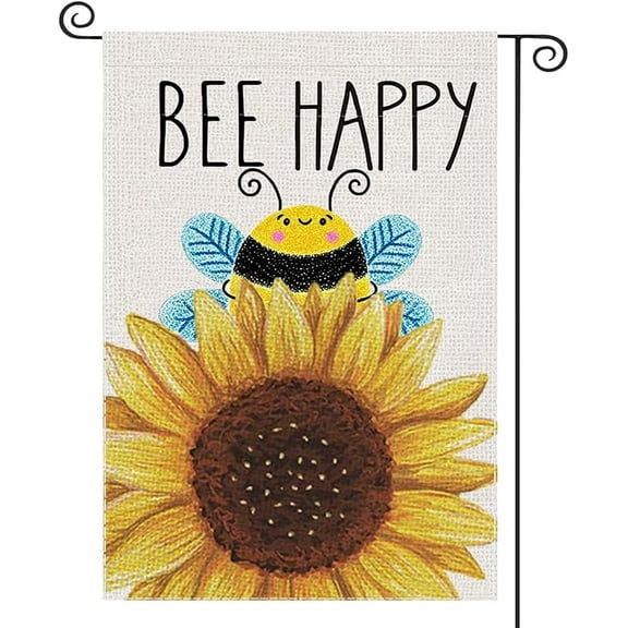 Bee Happy Summer Garden Flags Sunflower Welcome Double Sided Burlap Flag for Outside, Small Seasonal Banner Yard Holiday Party Outdoor Decoration 12x18 Inch