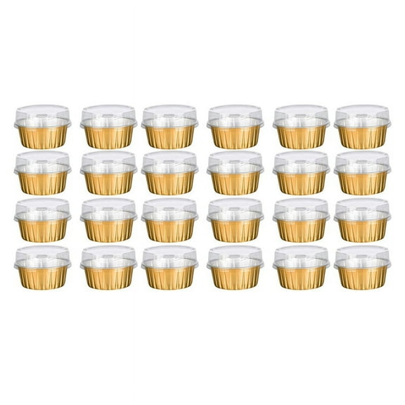 Dessert Cups with Lids, 50 Pack Gold Aluminum Foil Baking Cups Holders, Cupcake Bake Utility Ramekin Clear Pudding Cups