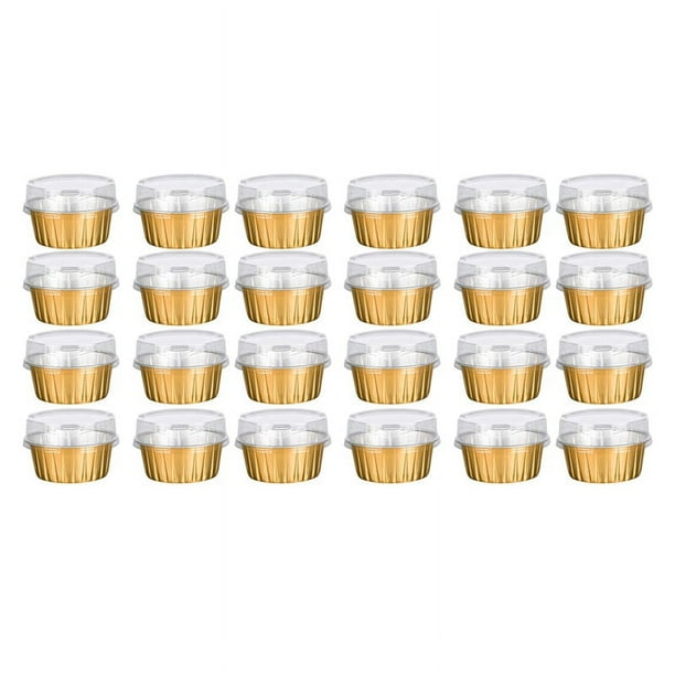 Tazas de Postre con Tapas, Paquete de 50 Soportes para Tazas para Hornear de Papel de Aluminio Dorado, Tazas de Pudín Transparentes para Hornear Cupcakes