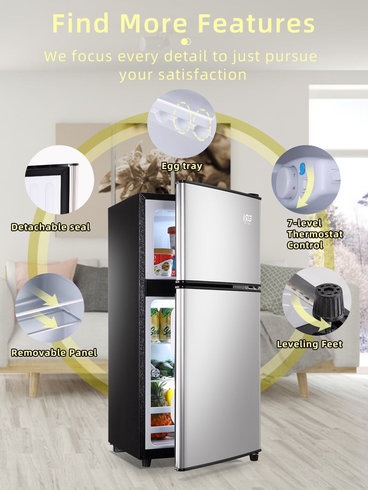 Krib Bling Compact Refrigerator 3.5 Cu.ft, Mini Fridge with Freezer,  Small refrigerator with Dual Door, 7 Level Temperature, for Dorm, Apartment, Silver