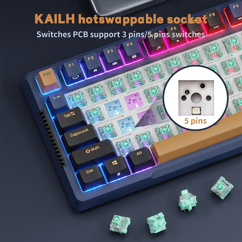 RK ROYAL KLUDGE H81 Hot Swappable Mechanical Keyboard Triple Mode 2.4G Bluetooth USB-C Knob Control Wireless Gaming Keyboard Gasket Mounted with RGB Backlit SkyCyan Switch 75% Layout 81 Keys Black