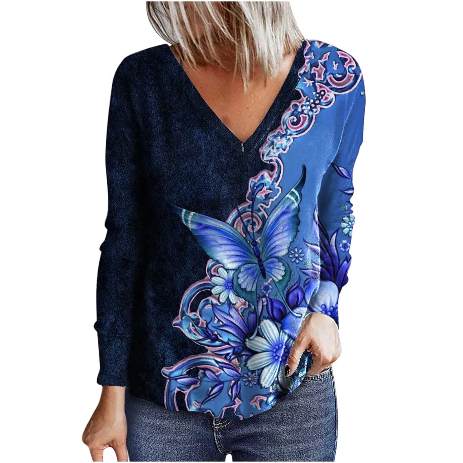 BYOIMUD Women's Fashion Casual Vneck Top Loose Long Sleeve Comfortable Floral Butterfly Print