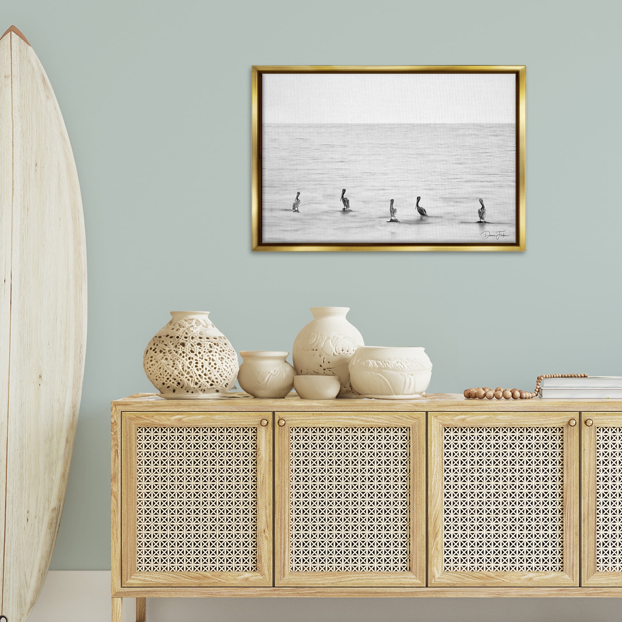 Stupell Industries Pelicans on Shore Landscape Photography Gold Floater Framed Canvas Art Print Wall Art, 31 x 21
