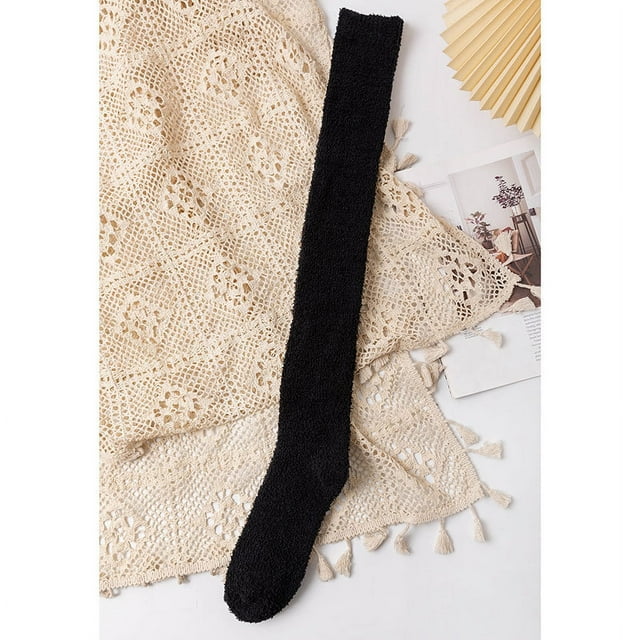 Nvzi Calcetines de felpa hasta la rodilla para mujer, calcetines largos y suaves hasta el muslo, pantuflas cómodas, calcetines de felpa - negro, 1 par