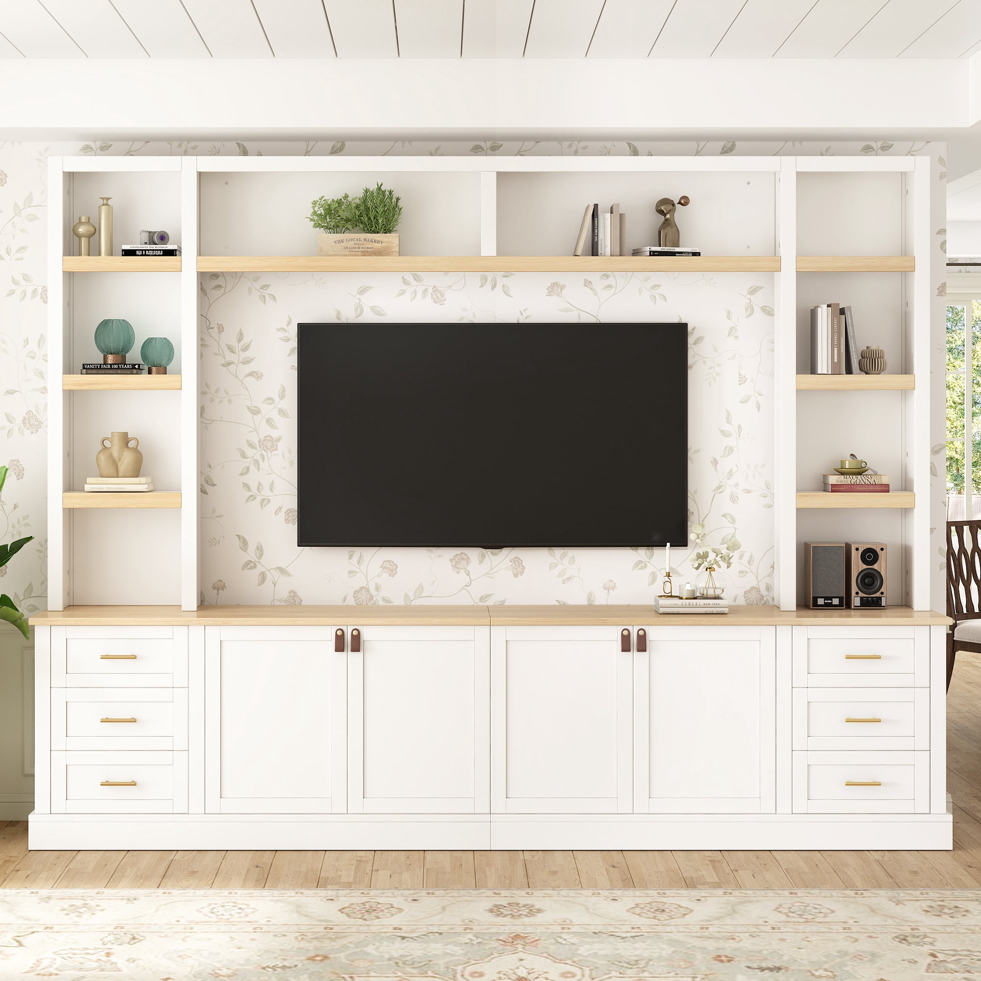 Harper & Bright Designs Farmhouse Wall Unit Entertainment Center 4-Piece with Bookshelves, Media Console with Adjustable Shelves, Large TV Stand with Storage for 75" TV, White