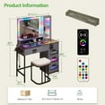 thumbnail image 5 of Gurexl Vanity with Mirror and LED Lights, Glass Top Vanity Desk with Charging Station(Wireless+USB+Type-C), RGB Makeup Table Set with Stool/Makeup Organizer/6 Drawers, Grey, 5 of 8