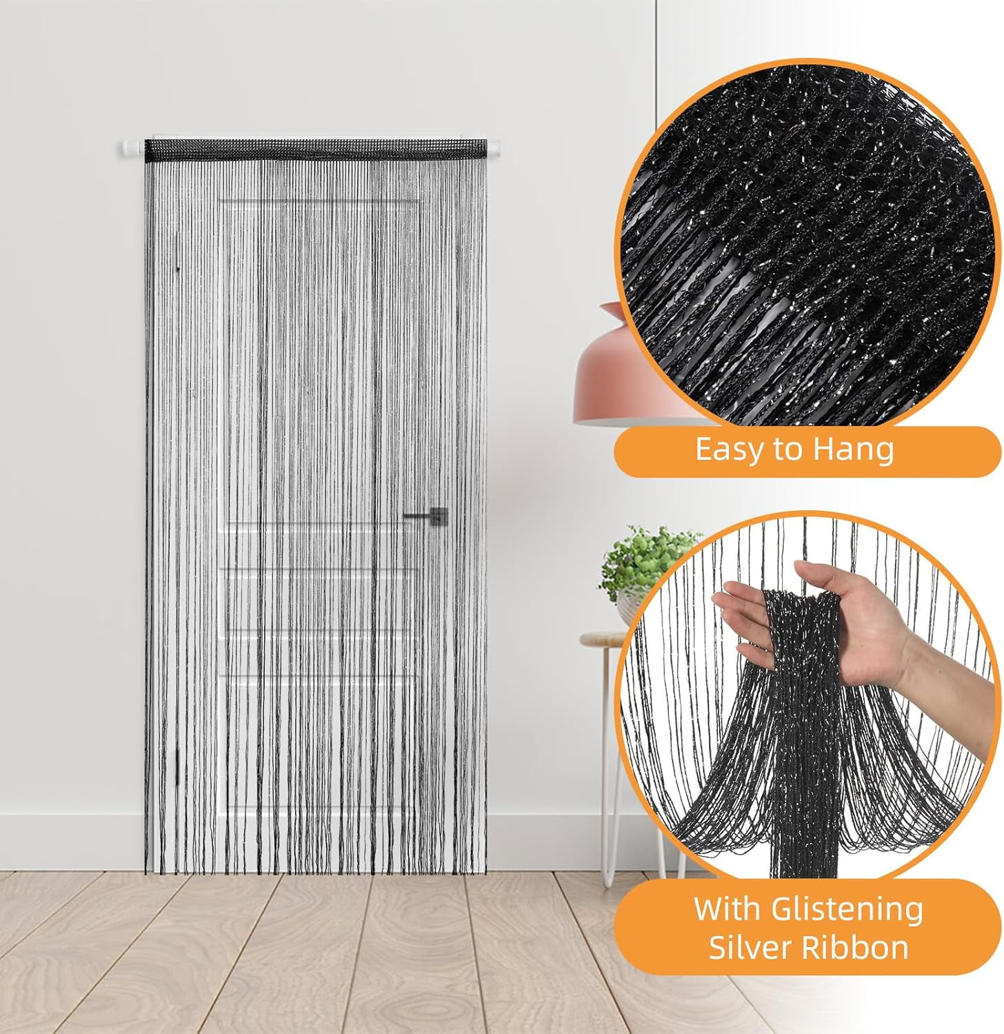 4 Pieces Glitter String Curtains Doorway Beads Curtains, 39 x 79 Inch Hanging Fringe Hippie Room Divider Door String Curtain Boho Doors Tassel for Doorways, Windows, Closet, Privacy Decor (Black)