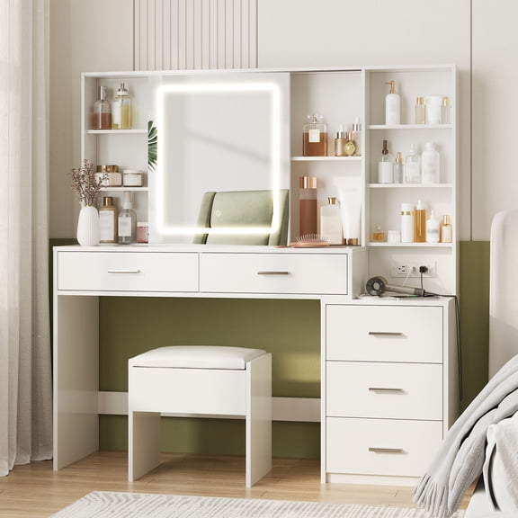 VEANERWOOD Large Vanity Set with Lights and Sliding Mirror Makeup Vanity Table with 5 Drawers Storage and Charging Station, White