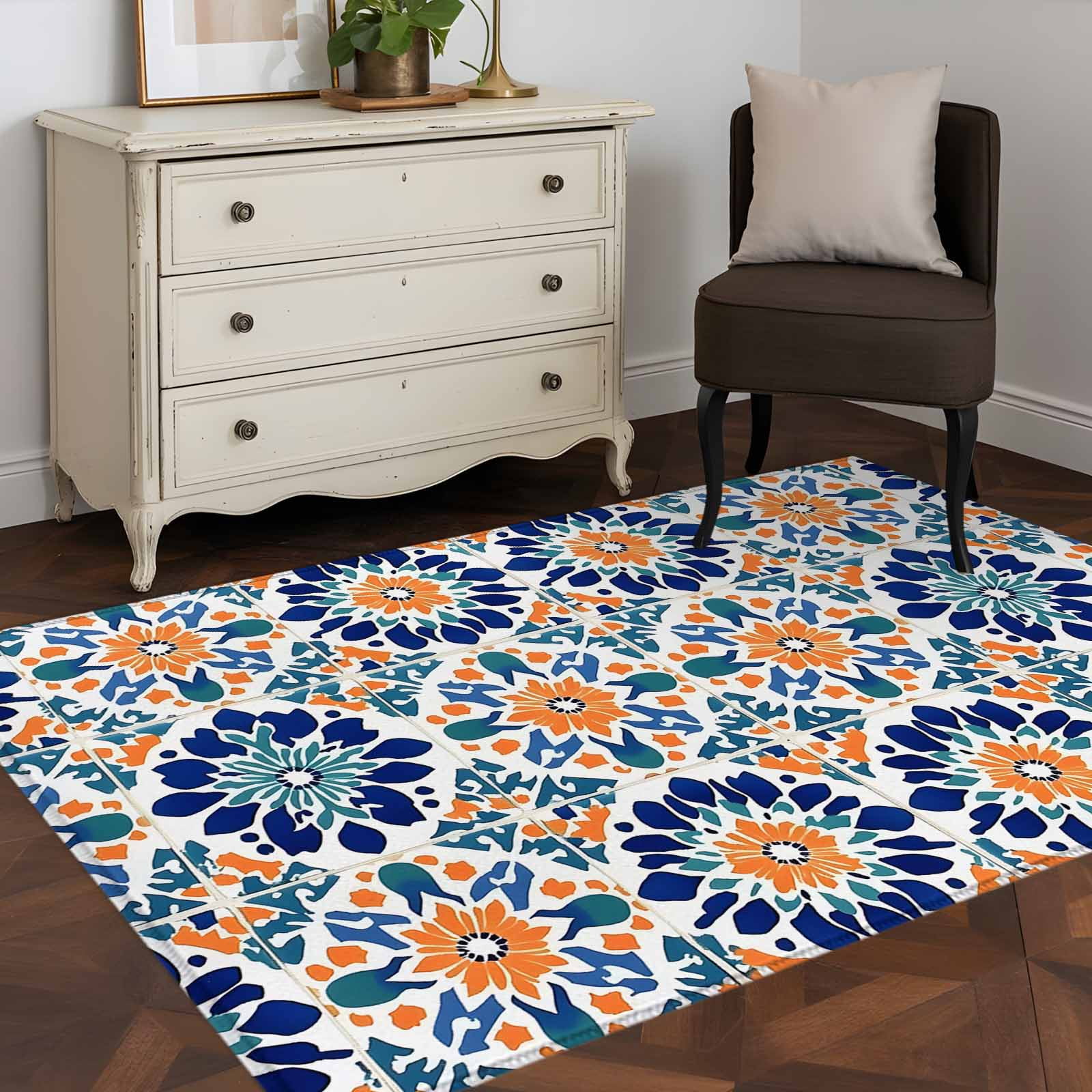 Retro Abstract Geometric 4x6 Rug for Dining Table for 4 People Under Table Orange Blue Floral Texture ashable Non Slip Rectangle Area Rug