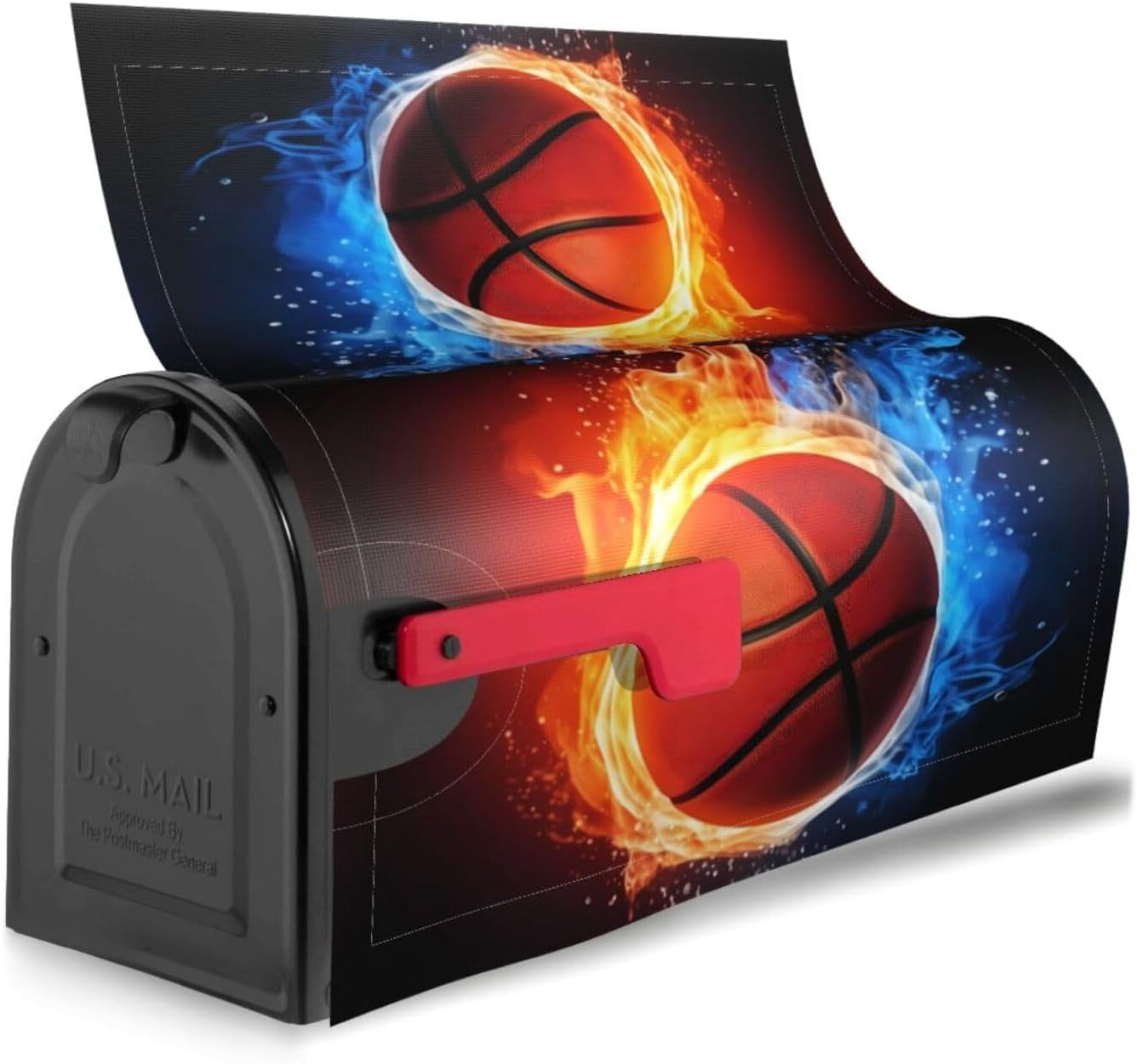 Basketball Mailbox Covers, Fire and Water Magnetic Post Box Cover Wraps Standard Size 21x18 in for Garden Yard Decor