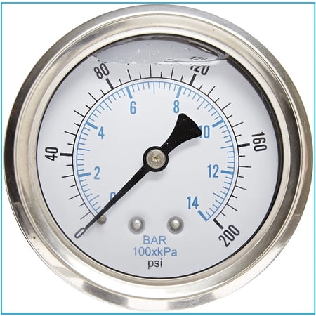 Pressure Gauge, 2.5" DIAL Display, Stainless Steel CASE, Brass INTERNALS, 1/4" Male NPT Back Mount Connection, Dual Scale PSI & BAR (0-200 PSI)