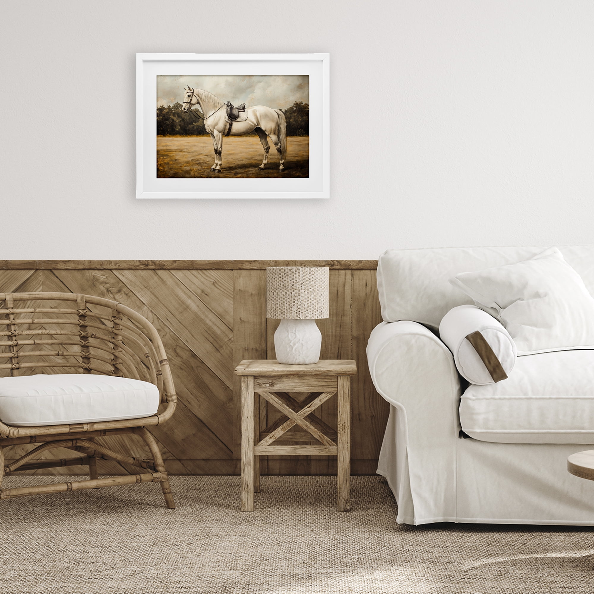 Stupell Industries White Mare with Saddle White Framed Print Under Glass, design by Petal Prints Design