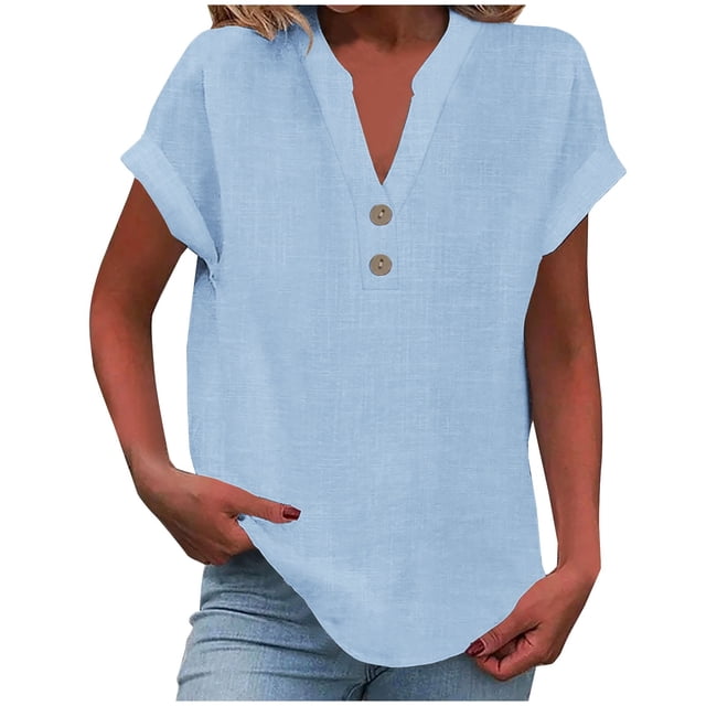 Timegard Womens Cotton Linen Tops Plus Size Notched V Neck Tops Casual Solid Color Loose Shirts Blouse