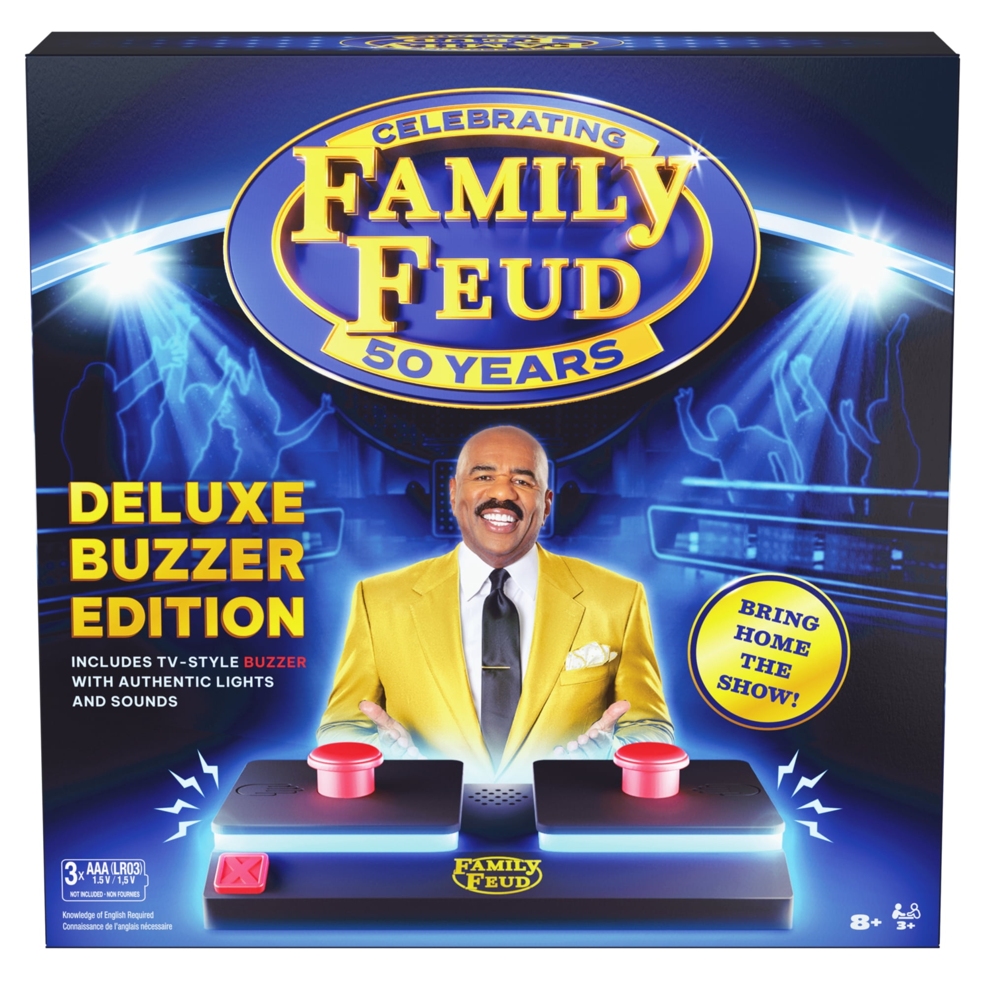 Spin Master Games, Family Feud: Deluxe Buzzer Edition, 50th Anniversary, Classic Survey Says Guessing Game for Family Game Night, Includes 2 Buzzers with Lights & Sounds, 3+ Players, for Ages 8 & Up