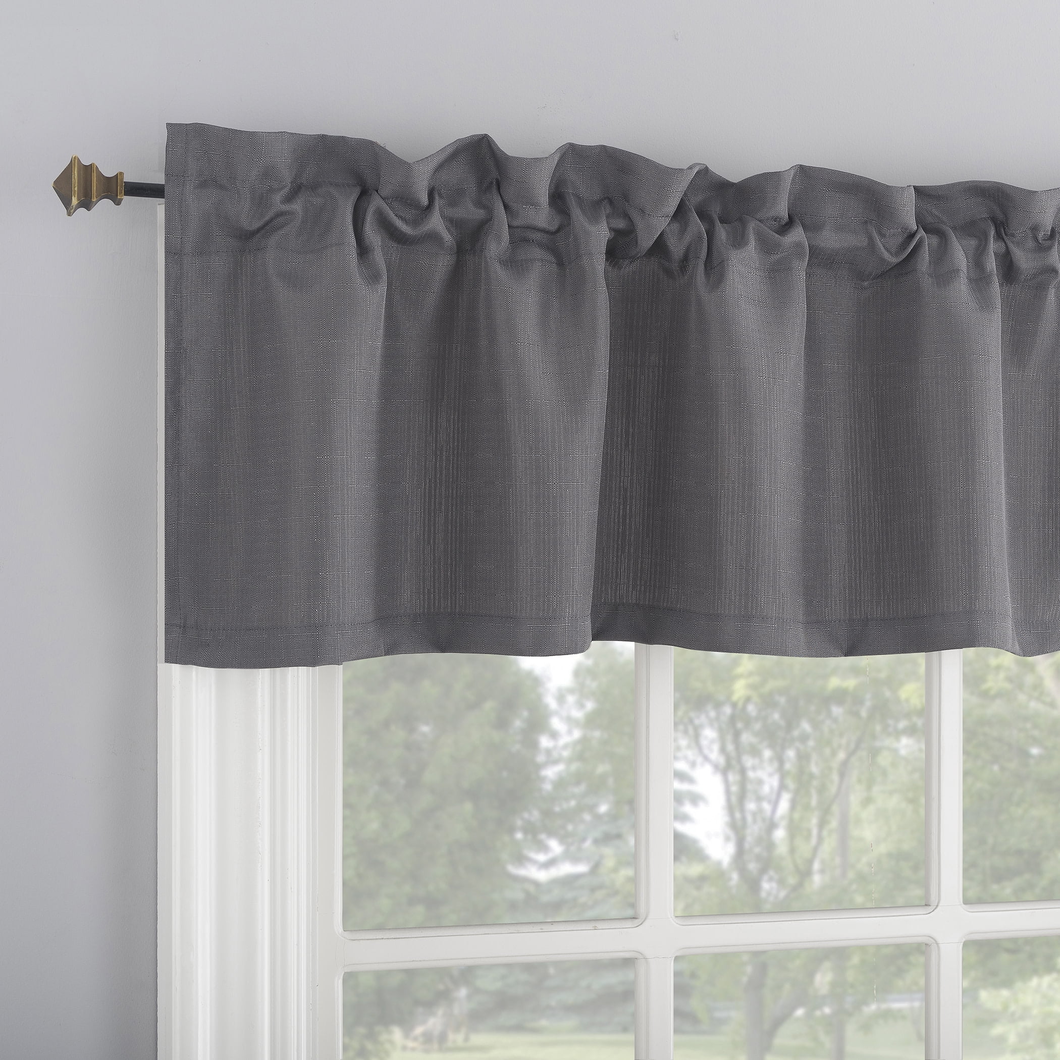 Mainstays 3-Piece Textured Semi Sheer Rod Pocket Kitchen Window Tier Pair and Valance, 2 Café Curtains and 1 Curtain Valance, Grey, 56"W x 36"L